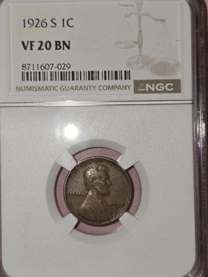 1926-S 1C BN Lincoln Cent NGC VF20 - Solid Example  - Image 1 of 4