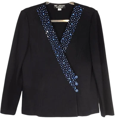  St John Evening Santana Knit Blazer Collarless Black V Neck Blue Rhinestones 6 - Image 1 of 4