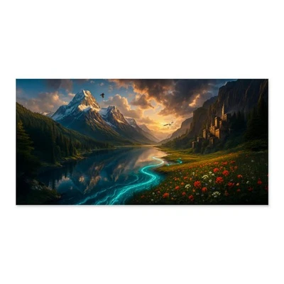 Fantasy Landscape Canvas Print Wall Art 60x30 Unframed Lake Castle Home Decor - Image 1 of 4