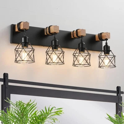 Lámpara de tocador de granja, iluminación de baño, madera industrial negra 4 luces Foto 1 de 4