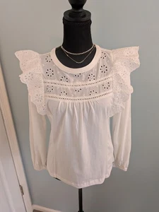 J. Nuevo Pullover Crew Top Mujer S Manga Larga Ojales Volantes Algodón Azul Campesino - Imagen 1 de 13