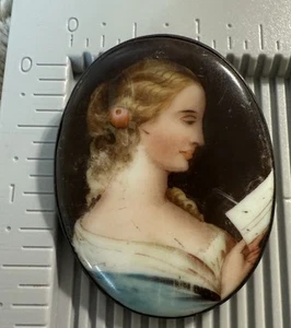 Antique 19th Century Victorian Cameo Brooch Pin Hand Painted Portrait Lady Read - Picture 1 of 5