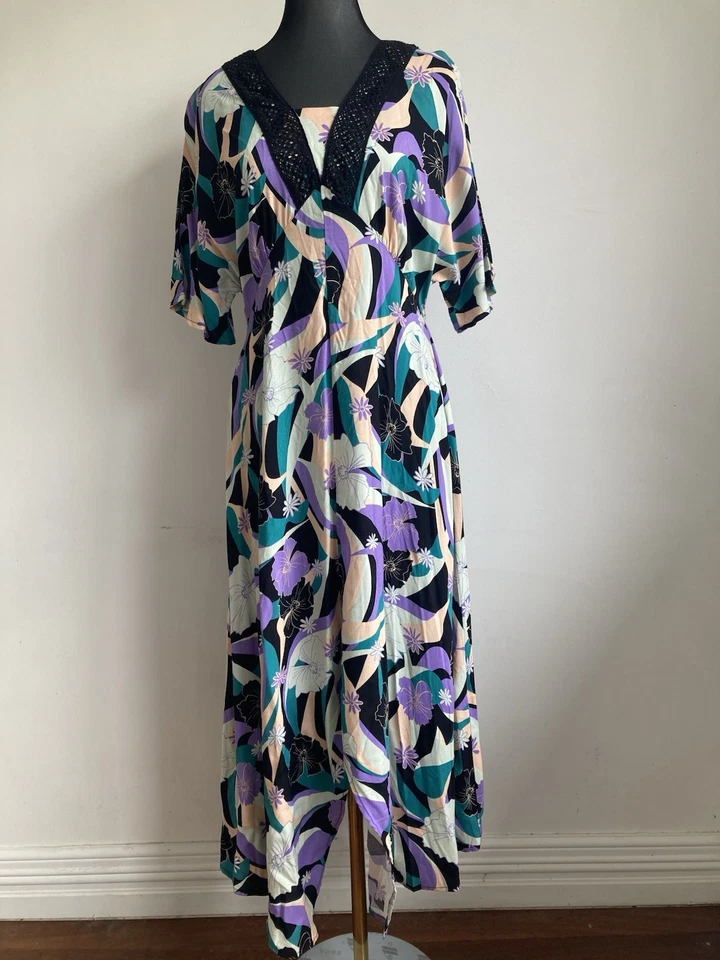Rockmans Purple Green Maxi Dress Size 14? Lace Insert Hanky Uneven Hem Boho - image 1 of 4
