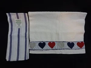 TOALLAS DE COCINA Lote de 2 AZUL Corazones Blancos Rayas Espiga NUEVO - Imagen 1 de 7