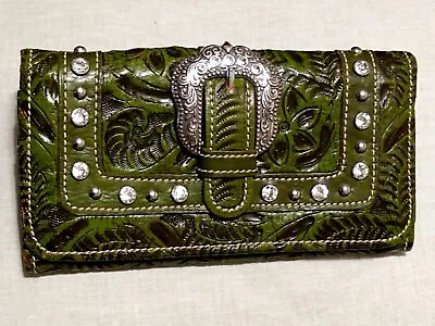 American West Hand Tooled Vintage Genuine Leather Studded Wallet Clutch Green • 59.95€