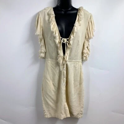 Indah женщин глубокий v-образным вырезом необработанный кромки галстук спереди льняной смеси мини-платье размер S - Изображение 1 из 4