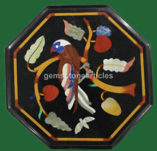 12" Black Marble Small End Table Pietradura Floral Bird Inlay Design Home Gifts