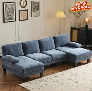 4 Seat Upholstered U-Shaped Sectional Chenille Sofa Set 2 Chaise Living Room Blu - Picture 1 of 9