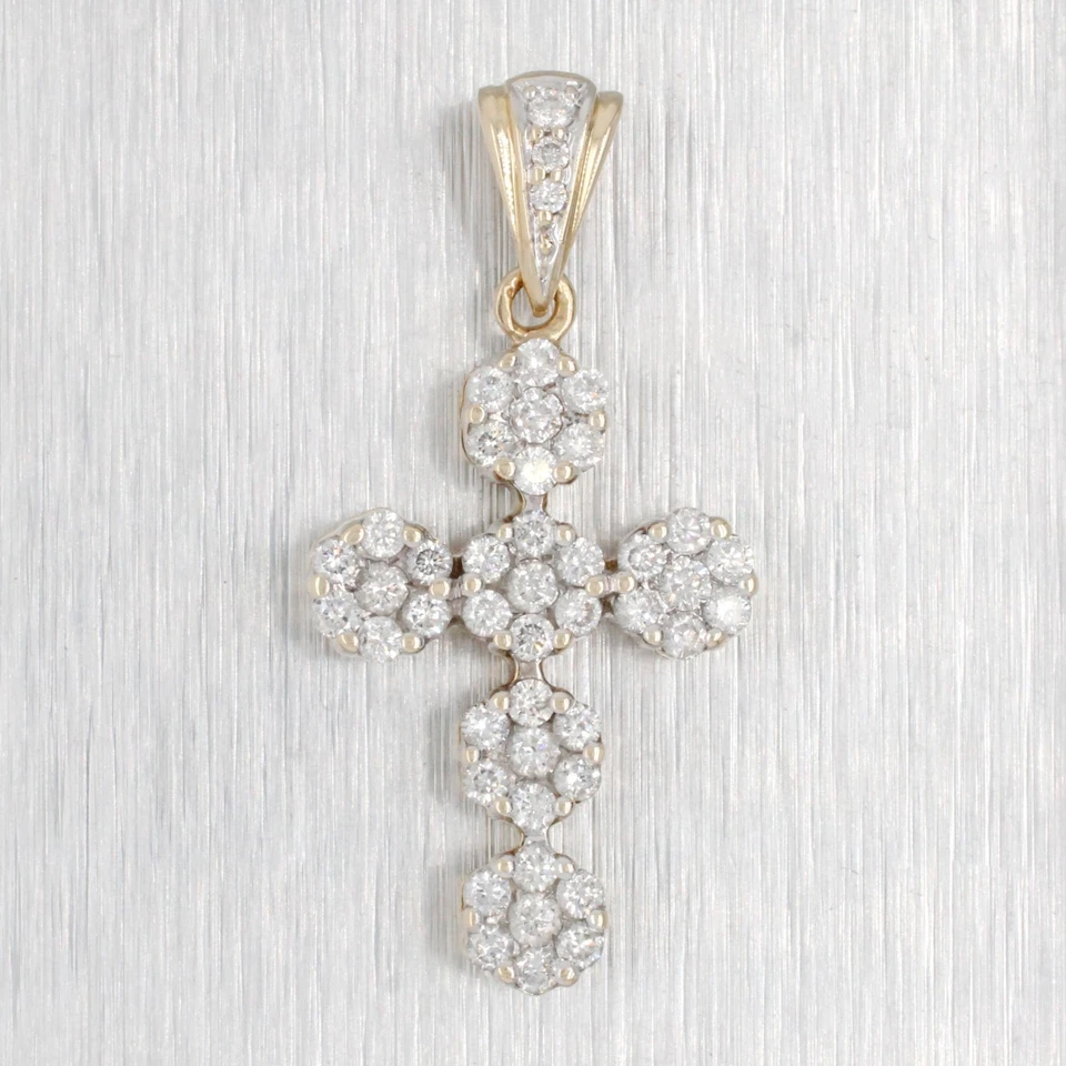 Vintage 0.50 ctw Diamond Cluster Cross Pendant - 14k Yellow Gold - Floral Motif - Image 1 of 4