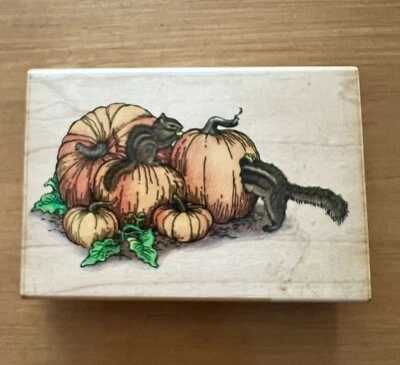 复古邮票! 1997年橡皮图章南瓜盛宴花栗鼠木质安装 — 第 1/4 张图片