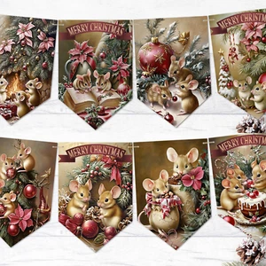 Frohe Weihnachten Mäuse Wimpelkette Burgund & Gold Vintage Stil Wimpel Dekoration - Bild 1 von 3