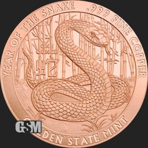 2025 - Año Lunar Chino de la Serpiente 1 oz .999 redondo de cobre fino - ¡EN STOCK!! - Imagen 1 de 3