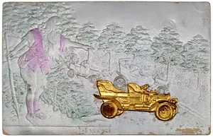 THE NEW AGE Mountain Man Pointing - Embossed Gold Model T Car Silver BG POSTCARD - Picture 1 of 2