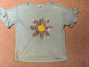 M&Co Girls T-Shirt Top Summer Sequin Daisy 7-8 years - Turquoise and Silver - Picture 1 of 2
