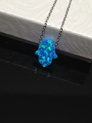 Collar colgante de mano Hamsa ópalo azul plata de ley 925 para mujer 13 mm 16-18" Foto 1 de 4