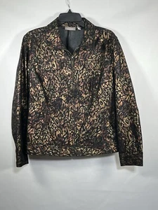 Chicos Jean Jacket Sz 2 Large Leopard Print Black Metallic Collard Pockets Zip - Picture 1 of 8