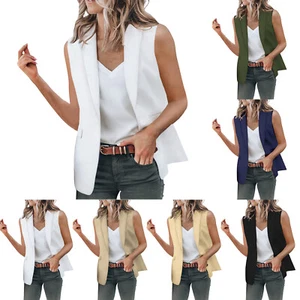 Womens Vest Coat Casual Blazers Open Front Sleeveless Work Office Jackets Blazer - Picture 1 of 36