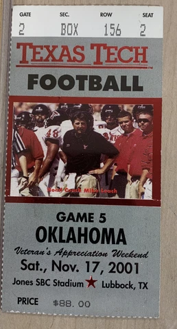 2001 Oklahoma Sooners Football Ticket Stub Texas Tech Red Raiders Mike Leach A Cover