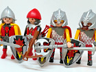 4 playmobil chevaliers au dragon rouge, boucliers, arbalte, moyen-ge,