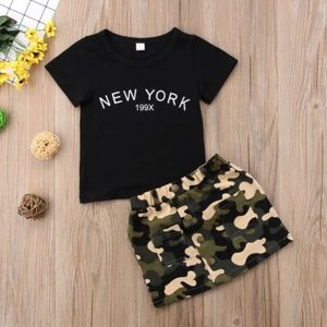 Toddler Baby Girls Camouflage Outfit Black Letter Tops T-Shirt +Skirt Summer Set - Picture 1 of 6
