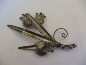 Large Vintage Sterling Silver Brooch Pin Green Stone Flowers Art Deco Style - Picture 1 of 6