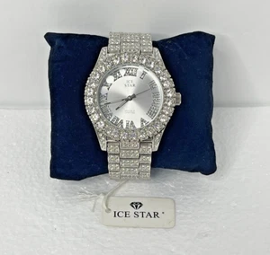 ICE STAR Rhinestone Bling Mens Silver Quartz Watch 44mm Round 8719D -New Battery - Picture 1 of 10