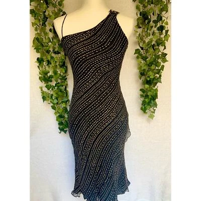 Vestido Poleci Vintage Negro y Dorado 100% Seda y Cuero Correa Midi Vestido 8 Mediano Foto 1 de 4