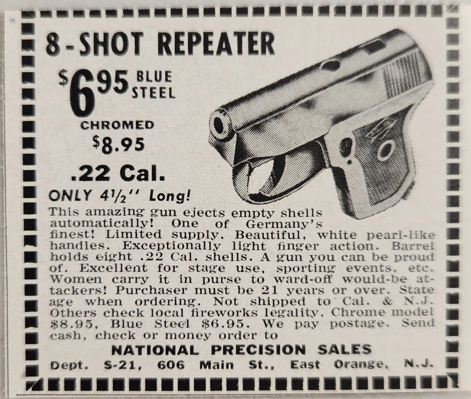 Anuncio impreso 1961 acero azul repetidores de 8 disparos .22 Cal. Pistolas East Orange, Nueva Jersey Foto 1 de 1