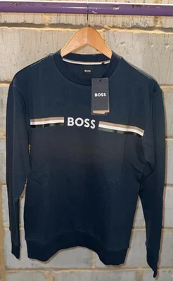 Boss Men's Navy Blue Striped 'BOSS' Cotton Sweatshirt - Image 1 of 4