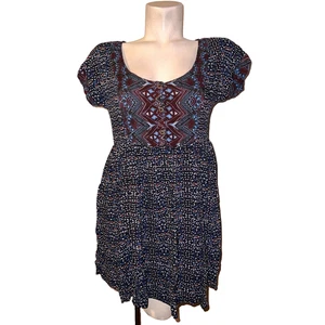 FREE PEOPLE Size XS Blue Burgundy Geo-Print Open Back SS Tunic Mini Dress BOHO - Picture 1 of 7