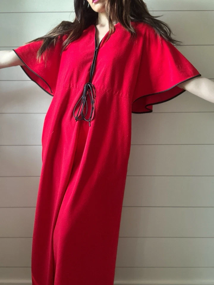 Vintage Vanity Fair Red Fleece House Dress 1970s Butterfly Sleeve  - Image 1 of 4