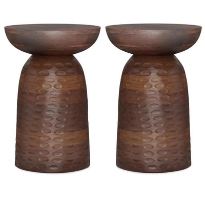 Home Square 2-Piece 13" Round Solid Wood Accent Table Set in Warm Dark Brown - Image 1 of 4