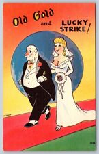 Bride & Groom Wedding Old Gold & Lucky Strike, Linen Art Postcard Signed H Dean
