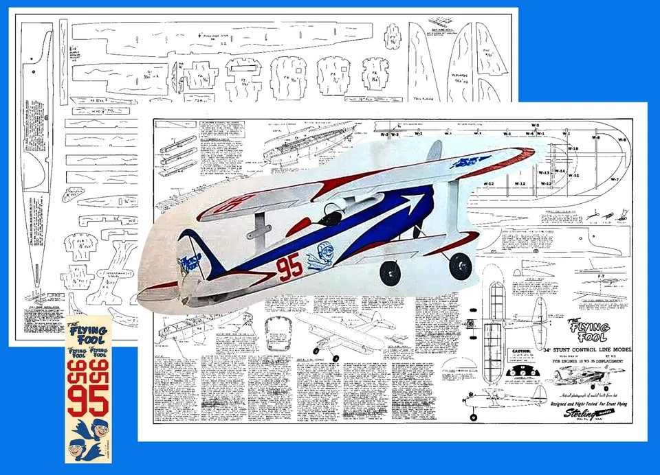 Sterling Model Airplane Plans (UC): FLYING FOOL 34" Biplane Stunt for .19-.35 - Image 1 of 3