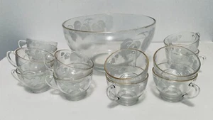 Glass Punch Bowl Set With 12 Cups Glasses Leaf Pattern Gold Rim Vintage MCM - Picture 1 of 22