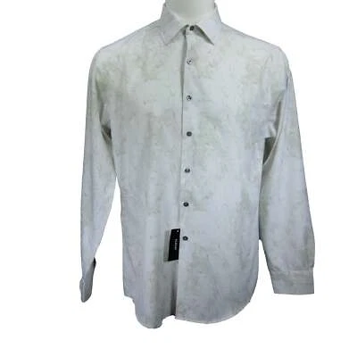 Мужская белая и серая приталенная рубашка Alfani с длинным рукавом устойчивая к морщинам, размер M - Изображение 1 из 4