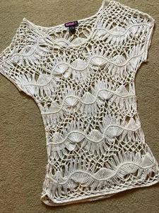 Say What Wide Neck Batwing Cap Sleeve Sheer Crochet Lace Relaxed Sweater Ivory M - Picture 1 of 4