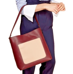 SHOULDER BAG GENUINE BURGUNDY & BLUSH NUDE PINK LEATHER DESIGNER MODALU IMOGEN - Picture 1 of 15