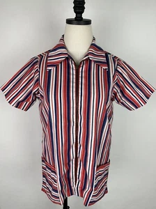 Top ajustado vintage años 70 S cuello daga cremallera frontal rojo blanco azul rayas boho defectuoso - Imagen 1 de 16