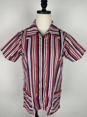 Top ajustado vintage años 70 S cuello daga cremallera frontal rojo blanco azul rayas boho defectuoso  Foto 1 de 4