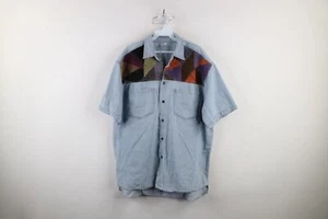 Vtg 90s Streetwear Mens Medium Distressed Suede Leather Patch Denim Button Shirt - Picture 1 of 13
