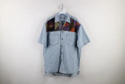 Vtg 90s Streetwear Mens Medium Distressed Suede Leather Patch Denim Button Shirt - Image 1 of 4