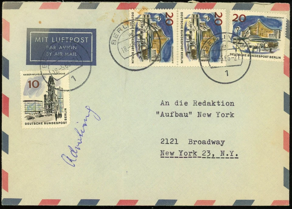 Germany West Berlin to New York USA 1966 Airmail Cover 70pf Postage Europe - Image 1 of 1