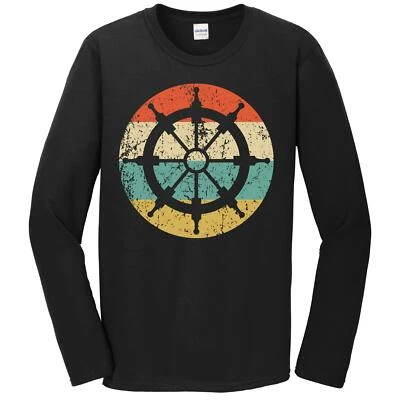 Men's Sailing Shirt - Retro Nautical Sailboat Steering Wheel Long Sleeve T-Shirt - Image 1 of 2