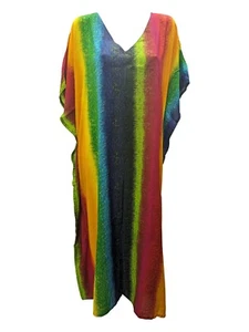 Womens Plus Size Kaftan Rainbow Multi Coloured Print Maxi Free Size Up To 34 - Picture 1 of 1
