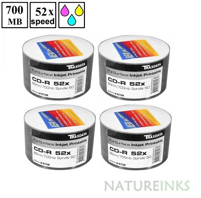 200 Traxdata FF Inkjet Printable White CD-R 52x Discs Ritek Blank CD 700MB 80min