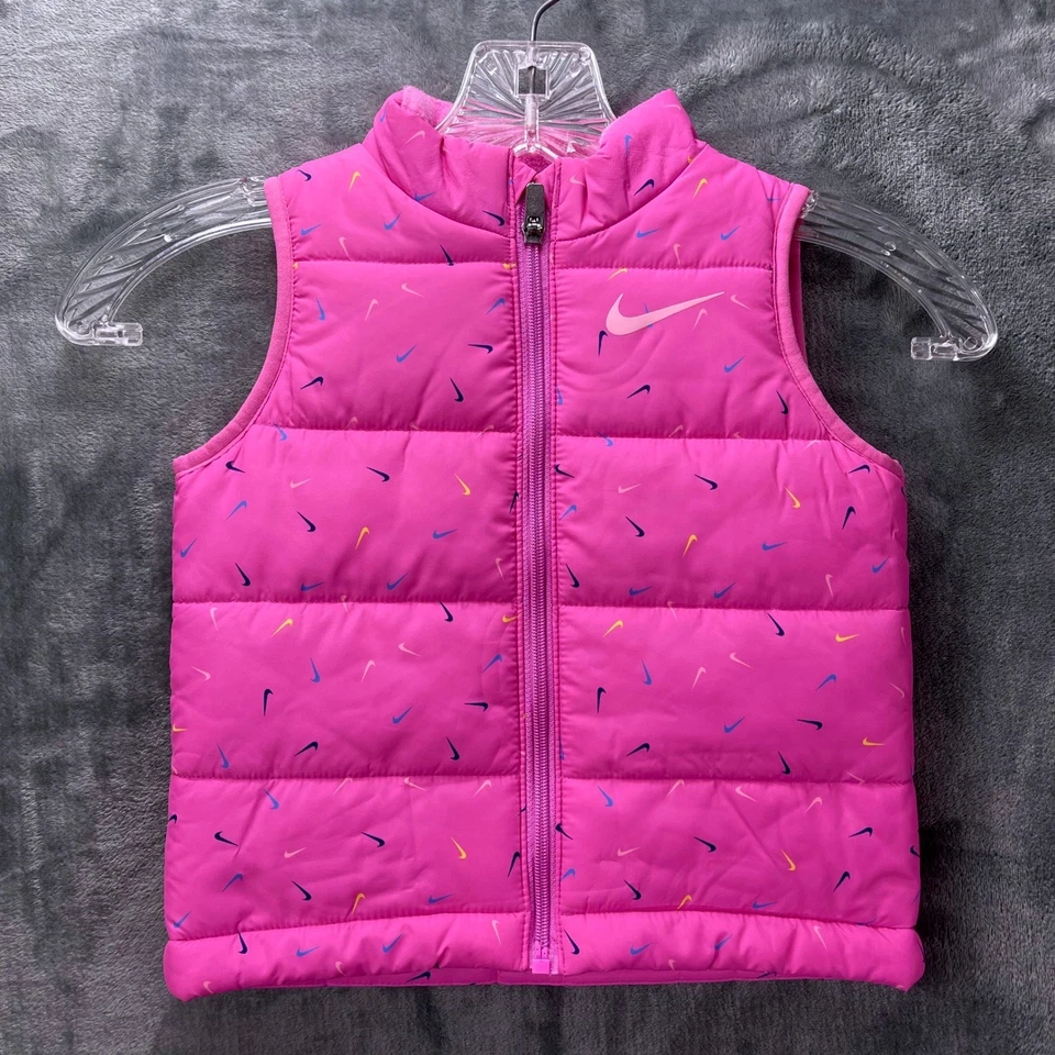 Nike Toddler Girls 2T Pink Puffer Vest Multicolor Swoosh Print Zip Up - Image 1 of 4