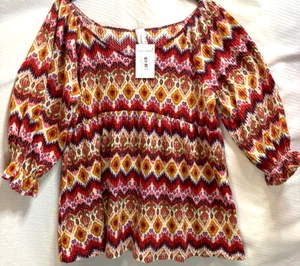 Paisley Grace L Red Multicolor Boho Smocked Peasant Top 3/4 Sleeve Stretch NWT - Picture 1 of 10