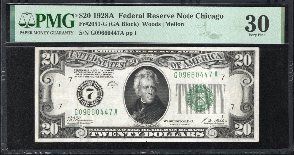 1928-A $20 CHICAGO "REDEEMABLE IN GOLD" FRN NUMERICAL PMG 30 Fr 2051-G 60447 - Image 1 of 2