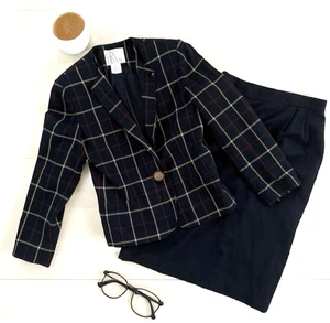 Vintage HBS Ltd Womens Size 6 Navy Plaid Blazer/Jacket & Pencil Skirt Set Office - Picture 1 of 17